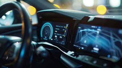 A close-up of a modern car's dashboard, featuring illuminated digital gauges and a sleek design, representing cutting-edge automotive technology.