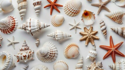 Fototapeta premium Sea shells on white background, viewed from above