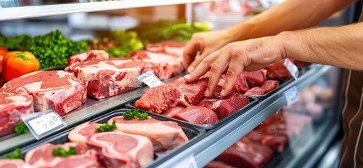 Close up of hands selecting fresh meat from a refrigerated display case in a grocery store.