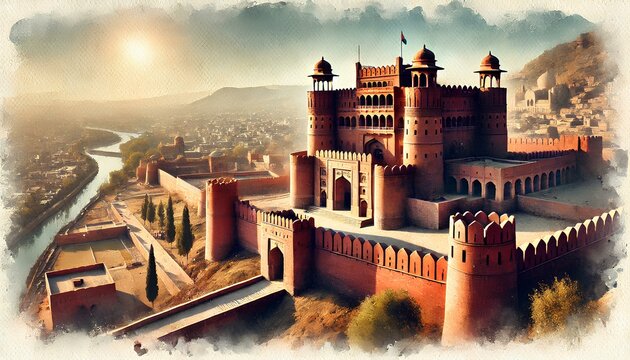 Watercolor painting of Bala Hissar Fort, Pakistan, with red brick walls, towers, gates, and a hilltop view.
