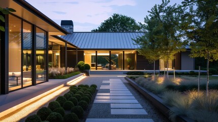 Obraz premium A modern house with a sleek design, featuring large windows, a well-manicured garden, and evening lighting creating a tranquil ambiance.