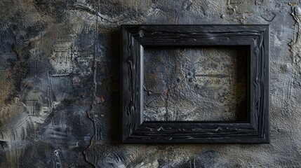 An empty, rustic wooden frame hanging on a textured wall with a weathered and abstract background, evoking a sense of aged elegance and artistic mystery.