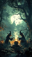 Witches brewing potions in a dark, enchanted forest 