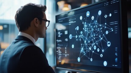 Using a modern computer, a businessman shows the structure of a social network