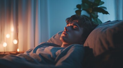Obraz premium Individual in a quiet room, struggling to stay awake due to fatigue, calm atmosphere
