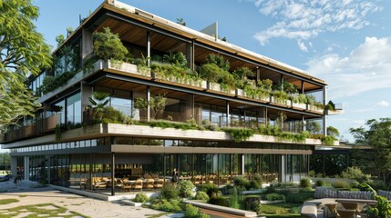 Fototapeta premium Lush green eco-building with layered terraces covered in plants, set against a bright blue sky, reflecting sustainable design and innovation in architecture.