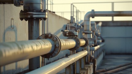 Metal pipelines snake through an industrial setting bathed in morning light, illustrating the intricate network essential to urban infrastructure.