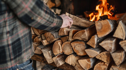 Medium close-up of a person&acirc;s hands loading firewood into a fireplace, arranging the logs neatly.