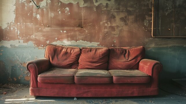 A worn-out red couch placed against a distressed wall in an old, abandoned room, highlighting the ghosts of memories past.