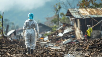 Healthcare worker addressing health problems from climate change in a disaster zone, intense atmosphere