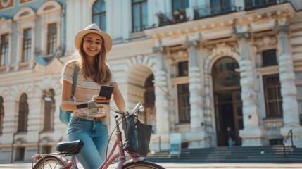 Naklejka premium Smiling young woman in a hat standing with her bicycle, holding a smartphone in front of a historic building on a sunny day.