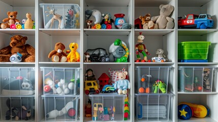 An organized shelf filled with colorful toys, showcasing an array of stuffed animals, plastic figures, and toy vehicles neatly arranged in clear bins.