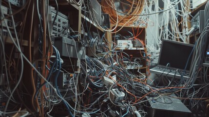 A cluttered tangle of wires and electronic devices fills this chaotic workspace, illustrating a dense network of tech equipment intertwined in confusion.