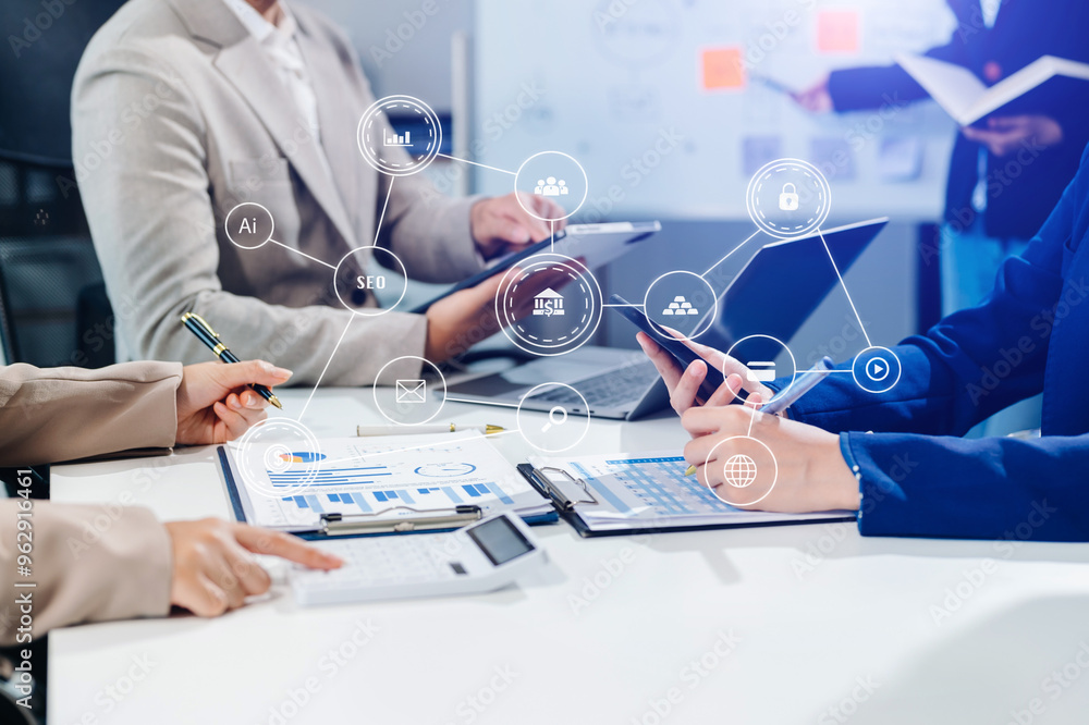 Poster working team meeting concept, business using laptop and smart phone and digital tablet computer with