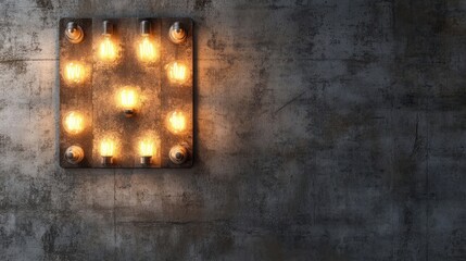 2025 sign industrial lightbulbs on concrete wall. HAPPY NEW YEAR 2025 background