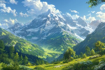 Obraz premium Snow-Capped Heights and Lush Valleys A Scenic Masterpiece