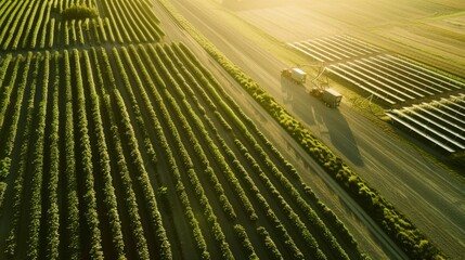 Sunlight pours over lush, orderly fields of crops, as seen from above, showcasing the harmony of nature and agriculture.