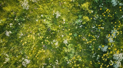 Aerial shot of a lush meadow in full bloom, displaying a mix of greenery and a sprinkling of wildflowers, creating a natural carpet of colors.