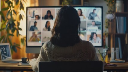 Fototapeta premium An individual sits in front of a computer screen during a virtual meeting, displaying numerous participants in an interconnected digital workspace.