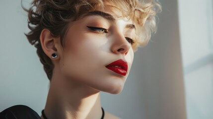 A close-up portrait of a young woman with curly blonde hair, basking in the dramatic interplay of sunlight and shadows, exuding calm confidence.