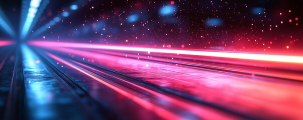 Futuristic neon lights speeding through a tunnel, creating a dynamic scene of vibrant streaks and bokeh, ideal for illustrating fast-paced technology or cyberpunk themes with glowing colors
