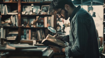 Fototapeta premium A focused man examines an open book with a magnifying glass in a bookstore, surrounded by shelves filled with numerous books and an air of exploration.