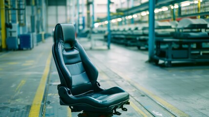 A lone car seat stands in an expansive, industrial factory filled with machinery, emphasizing its design amid production surroundings.