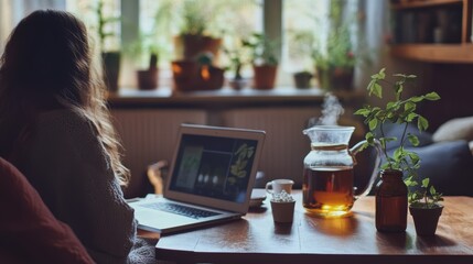 Serene Homeopathic Consultation - Patient Speaking to Practitioner Online, Herbal Teas in Calm Home Environment