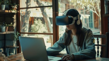 A young woman wearing a VR headset interacts with a laptop in a sunlit room, blending the futuristic aspect of virtual reality with modern, everyday life.