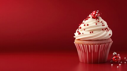 Advertisement for a bakery with a red background and a christmas cupcake