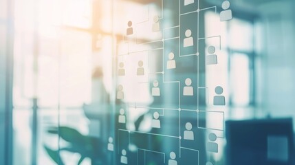 Abstract illustration of a flowchart with connected nodes and icons, placed against a modern office background with soft sunlight.