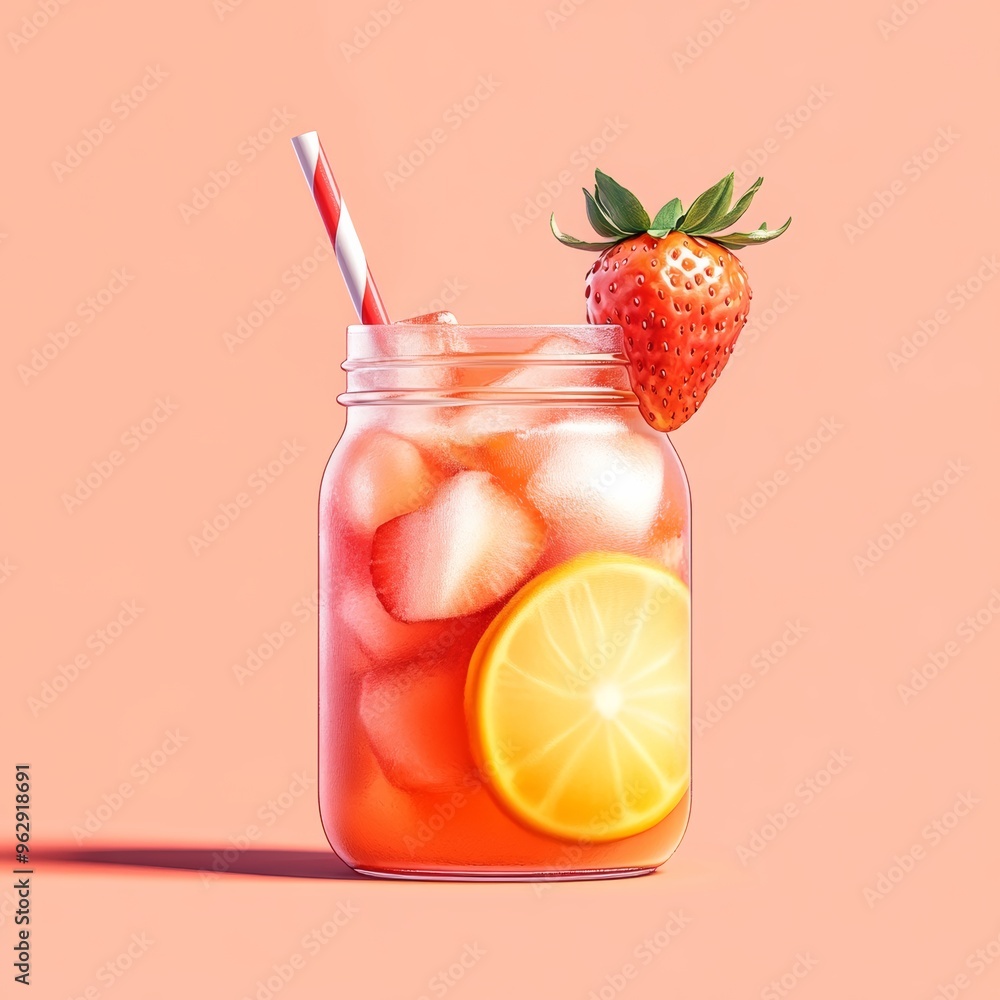 Aufkleber a 3d single icon of a colorful strawberry lemonade in a mason jar with a slice of strawberry on the 