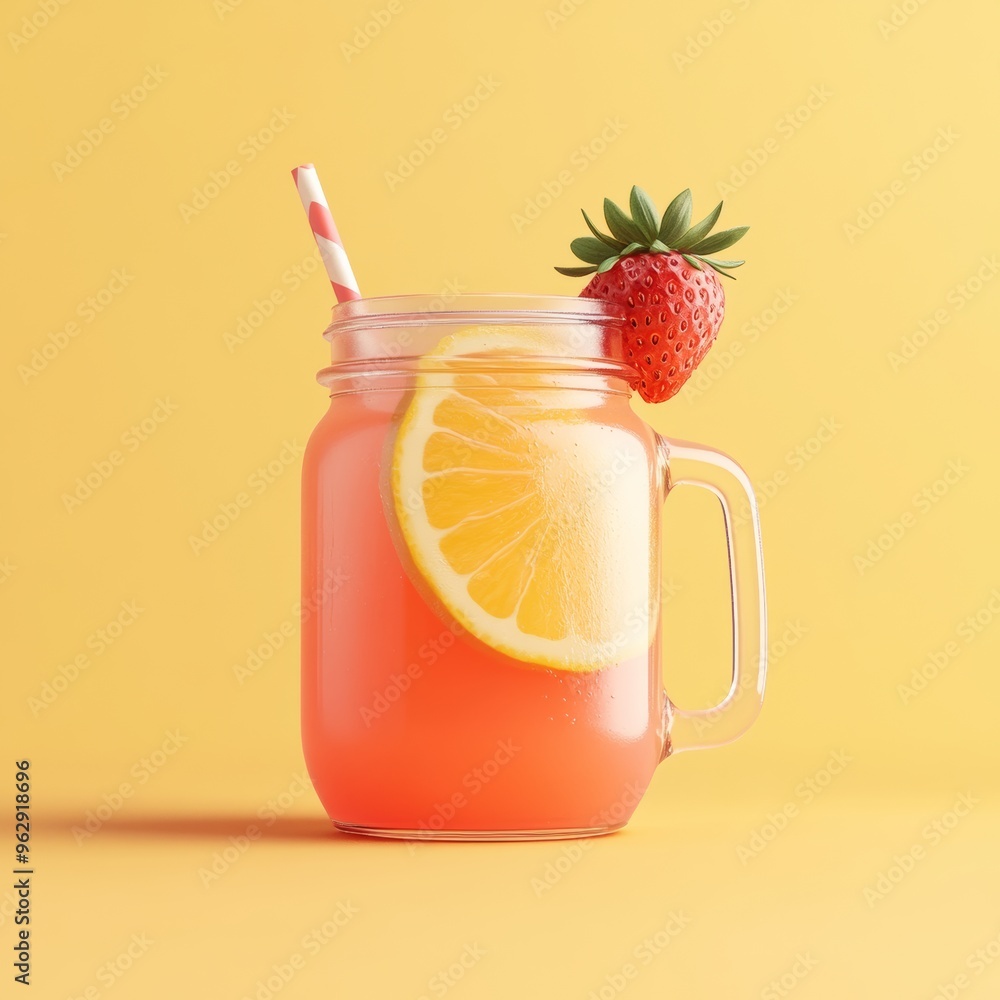 Poster a 3d single icon of a colorful strawberry lemonade in a mason jar with a slice of strawberry on the 