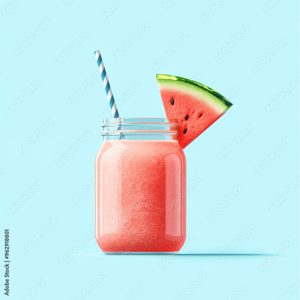 Poster a 3d single icon of a colorful watermelon juice served in a mason jar, with a watermelon slice and a