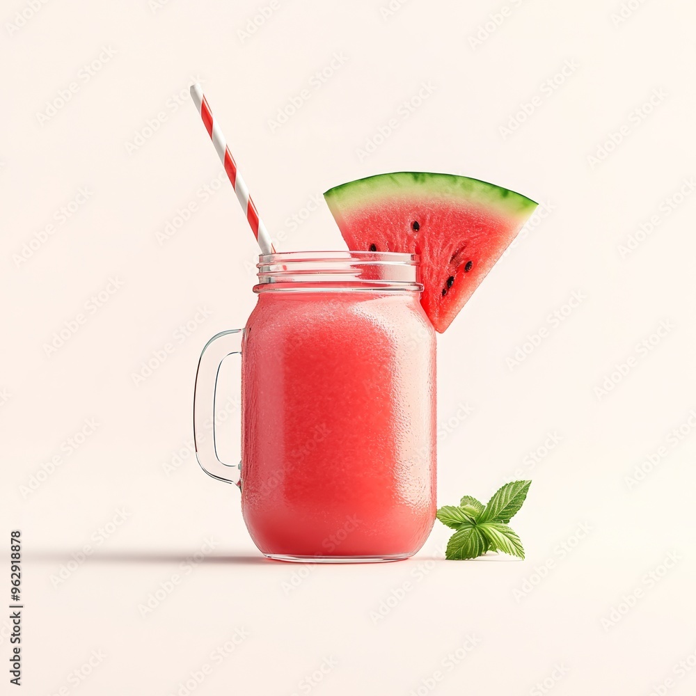 Poster a 3d single icon of a colorful watermelon juice served in a mason jar, with a watermelon slice and a