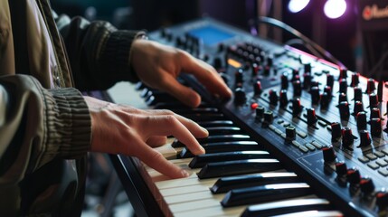 Obraz premium Close-up of hands playing a synthesizer, showcasing the musician's interaction with the instrument during a live music performance. The setting is energetic, with colorful stage lights enhancing the