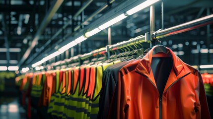 Rows of bright orange and yellow reflective safety jackets hanging in an organized manner under strong lighting in a warehouse.