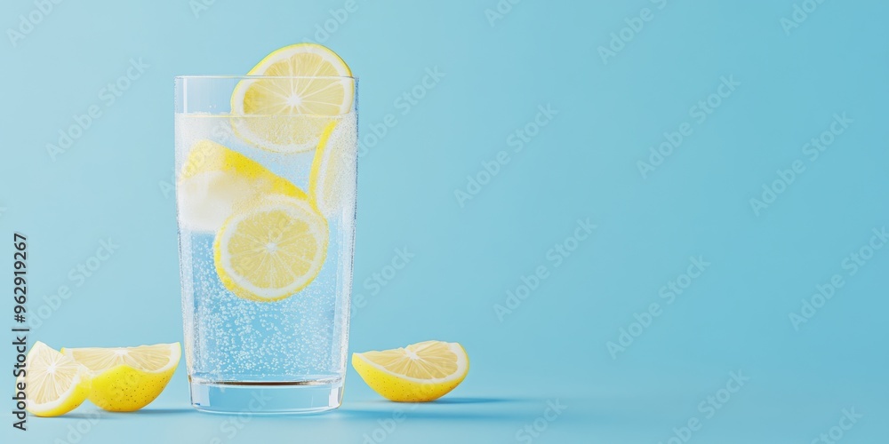 Poster a 3d single icon of a cool and refreshing lemon water in a clear glass with lemon slices, depicted i