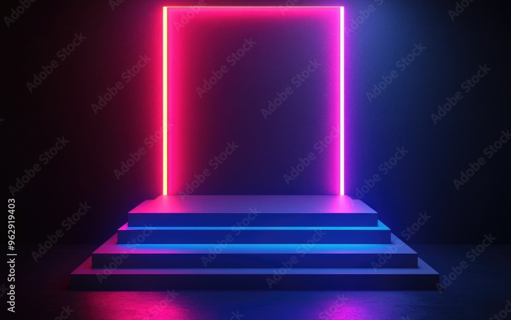 Poster empty stairs platform for display blank cube pedestal on isolated dark background 3d rendering of pr