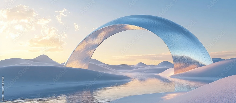 Poster abstract winter landscape featuring a geometric arch amidst dunes surreal dreamlike background with 