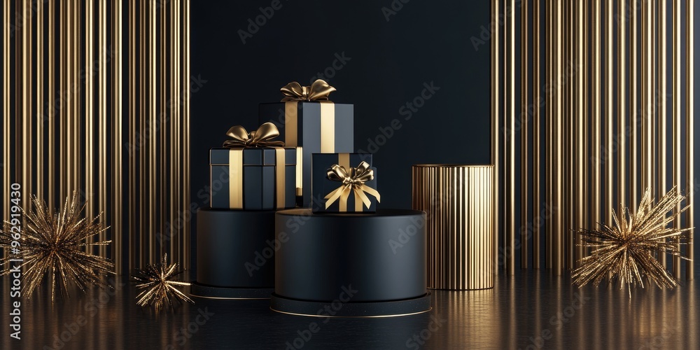 Poster promotional display featuring gifts on cylindrical podiums against a black and gold background an ab