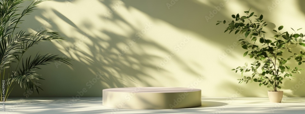 Poster soft pastel background featuring wall shadows 3d render botanical podium casting shadows from foliag