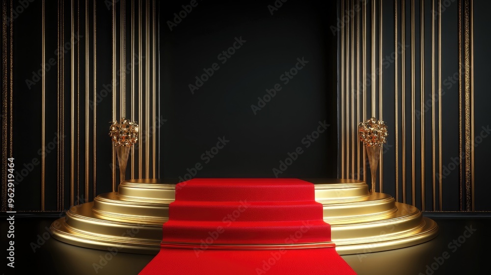 Poster luxury podium in gold set against a black background featuring a red carpet ideal for product promot