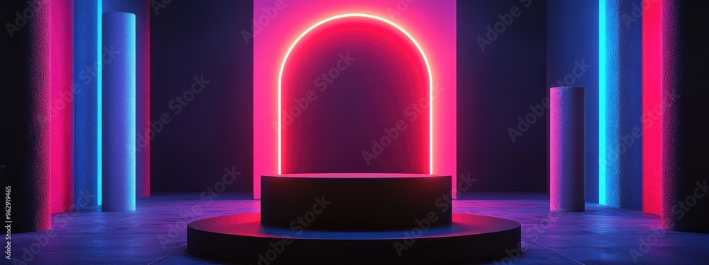 Poster Glossy black podium in a studio setting Stage backdrop featuring a round pedestal and square frame accompanied by two cylindrical blocks representing an abstract minimal concept Elegant minimalist