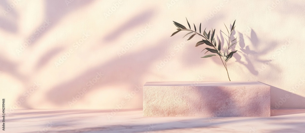 Aufkleber natural podium on a soft pastel stucco background featuring a plant and shadows on the wall 3d rende
