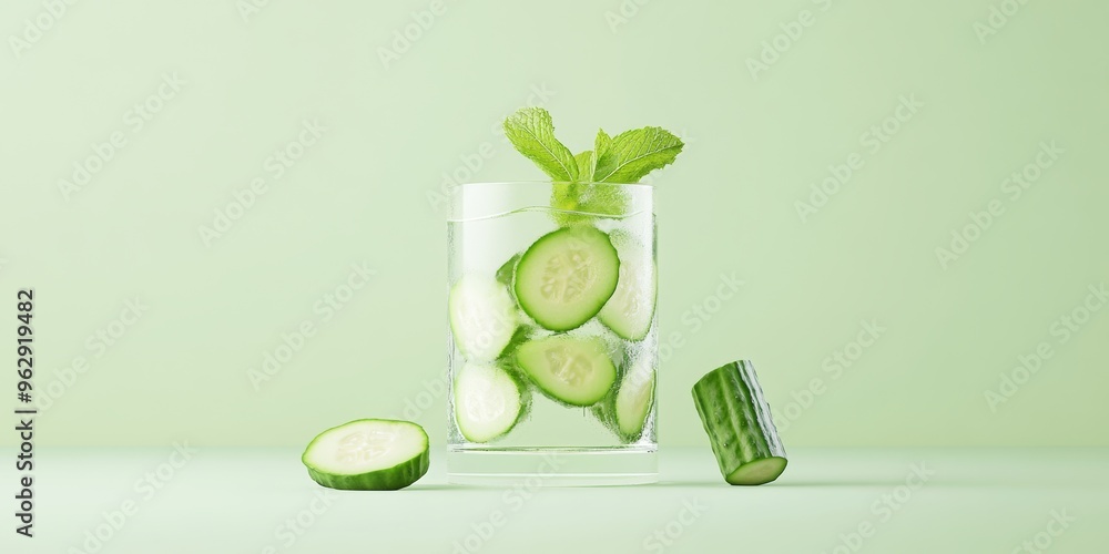 Poster a 3d single icon of a cool cucumber mint lemonade in a glass with cucumber slices and mint leaves, d
