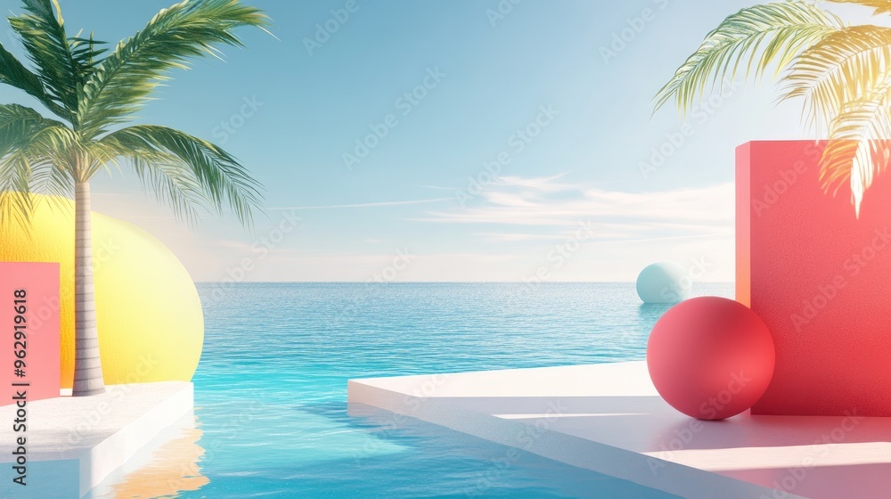 Poster abstract summer landscape featuring geometric shapes and an ocean beach view rendered in 3d