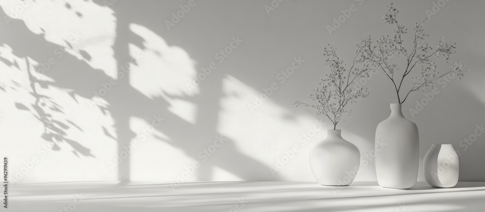 Poster simple monochromatic background featuring vases tree shadows and natural lighting 3d rendering