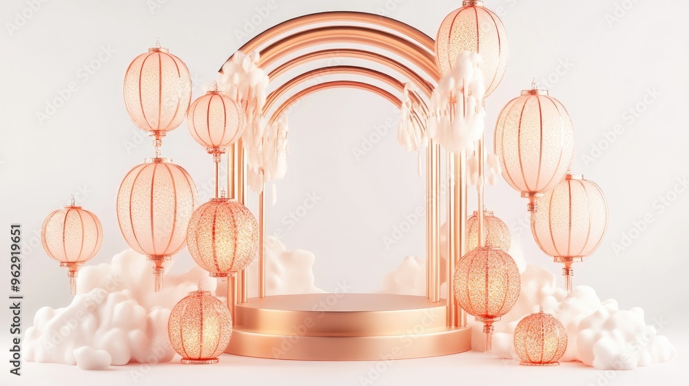 Poster rose gold and white lanterns with a podium display set against a white background 3d rendering 3d il