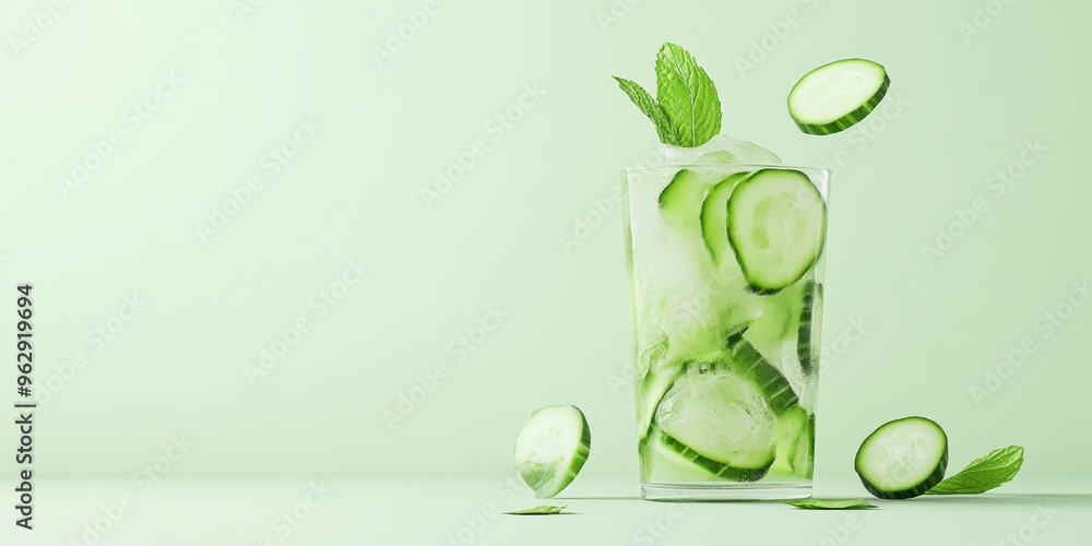 Poster a 3d single icon of a cool cucumber mint lemonade in a glass with cucumber slices and mint leaves, d